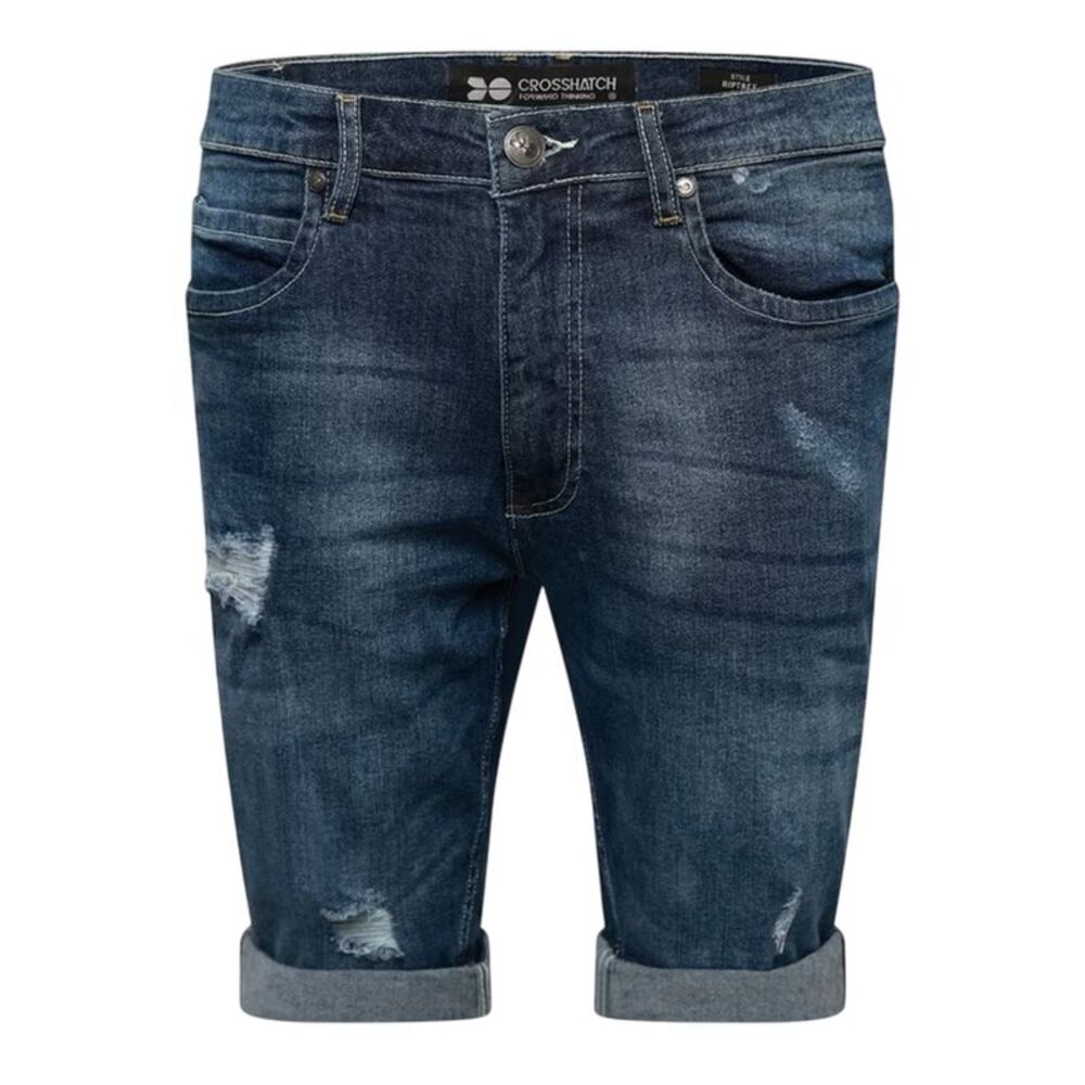 Crosshatch Mens Riptrey Denim Ripped Shorts / Mid Wash